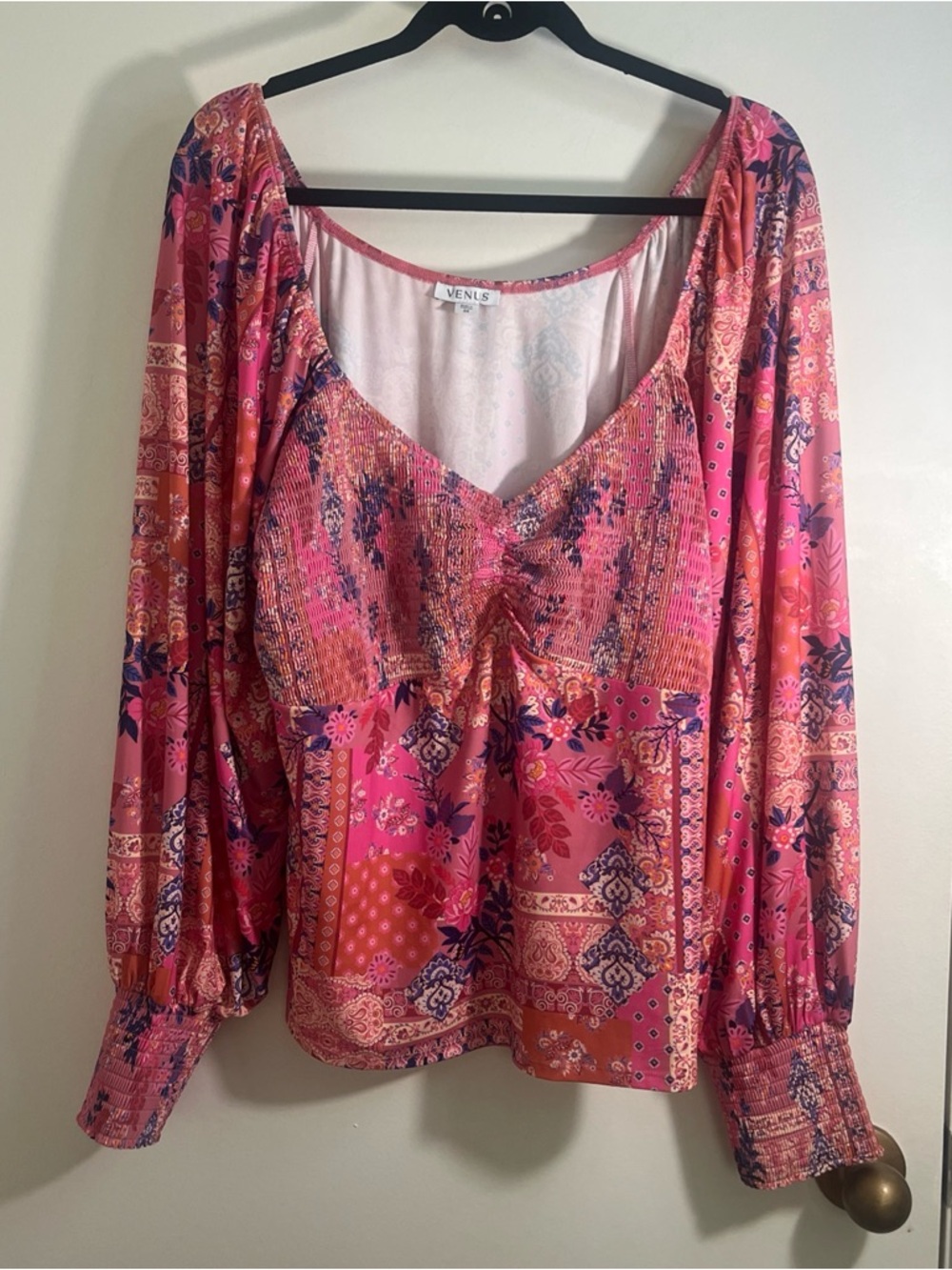 VENUS Pink Boho Floral Blouse Size 2X Balloon Sleeve Peasant Smocked Feminine